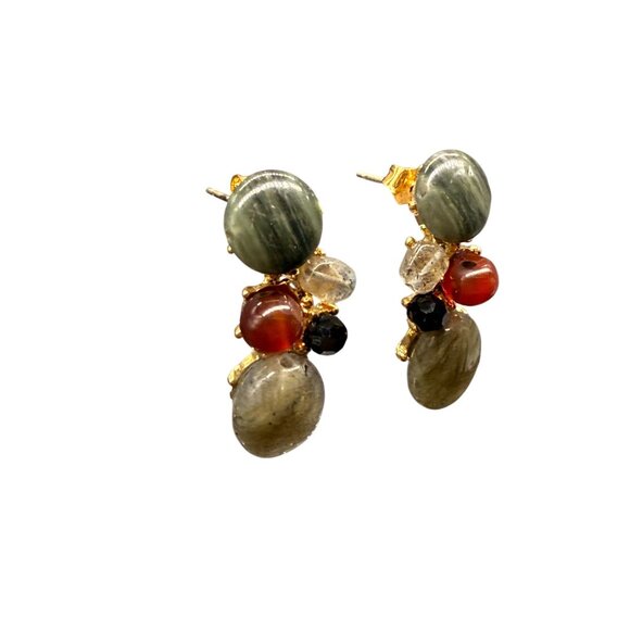 Multicolor Stones Beaded Crystal Cluster Dangle Drop Earrings Boho Gold Tone - Picture 2 of 5